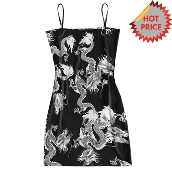 2020 New Summer Women Dragon Pattern Sleeveless Split Hip Tanak Slim Fit Seksi Print Dress Motel Motel Rocks 1206