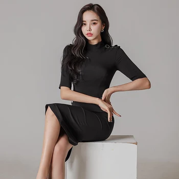 2021 nova moda proljeće crne Pola vrećice okrugli izrez Koreja Dress žene jednostavnost stražnjice Dress OL formalni posao Vestidos 1143