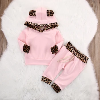 Boiiwant 2PCS Kids Newborn Baby Girls Hoodie Leopard Ear Sweatshirt t-shirt+tajice, hlače Pretty Baby Slatka Clothes komplet odjeće 176296