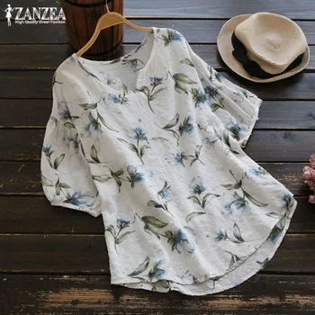 Plus size top 2021 ZANZEA godišnja ženska bluza ženska tunika top Vintage Short leeve Casual Blusa Vintage Printed Tee Shirt 319