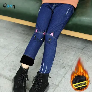 Qunq Girls Jeans debeli topli plus baršun zimske bebe traper hlače za djevojčice elastičan pojas svakodnevni jesen crtani mačka dječje hlače 980