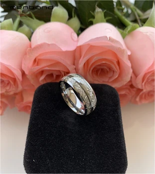 Volfram muški prsten žene prsten zaručnički prsten s dvostrukim канавкой Bijela meteorit inlay 8 mm comfort Fit 162393