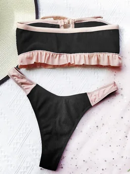 Žene bez naramenica rebraste visok izrez bikini set ukrašen kupaći kostim exy čvrste бандо ženski kupaći kostim 20121 ljeto Biquini 738
