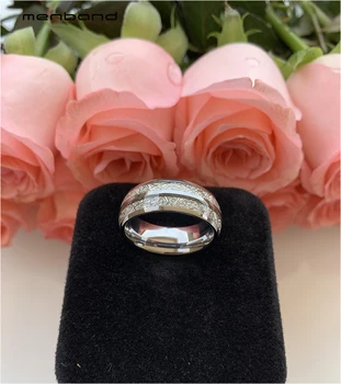 Volfram muški prsten žene prsten zaručnički prsten s dvostrukim канавкой Bijela meteorit inlay 8 mm comfort Fit