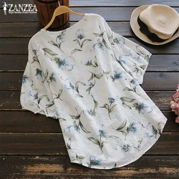 Plus size top 2021 ZANZEA godišnja ženska bluza ženska tunika top Vintage Short leeve Casual Blusa Vintage Printed Tee Shirt