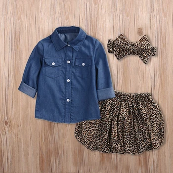 3pcs dijete djeca girl odjeća traper košulja dugih rukava леопардовая suknja оголовье moda dječje odjeće komplet odjeće 1-5Т 3339