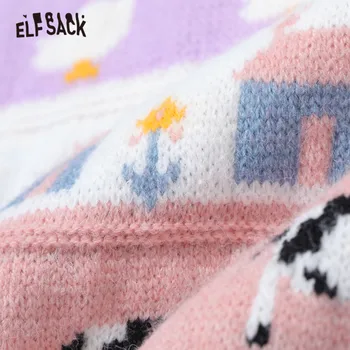 ELFSACK crtani jacquard korejski žene pletu pulover veste, 2020 zima Vintage pun rukav,svakodnevni djevojčica svakodnevno slatka slatka top 1801