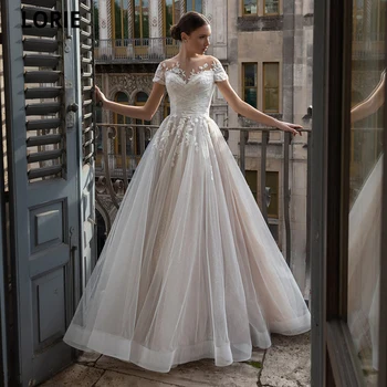 LORIE Glitter Tulle vjenčanje haljine elegantne čipka aplicirano пляжное vjenčanica sa uvezivanje Sheer Iluzija Neck Boho Princess Dress 4206