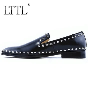 LTTL crna kožna obuća muškarci zakovice natikače design moda Slip-on muškarci haljina cipele ručne izrade Casual cipele i vanjski čovjek cipele 195