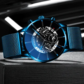 Luksuzna muška moda poslovni kalendar pokazuje plavi mrežasti pojas od nehrđajućeg čelika analogni kvarcni sat relogio masculino mens watch 2186