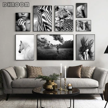 Moderni crno-bijeli zidni Galerija životinja plakati zebra tigar platnu Slikarstvo Seksi Djevojke tisak zidnih umjetnost slika doma dekor