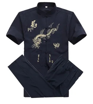 Novi kineski muški хлопчатобумажный odijelo Kung-Fu vez Wu Shu Uniform Tai Chi Odjeca košulja kratkih rukava+hlače M L XL XXL XXXL 775