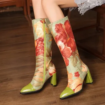 OLOMLB ženske zašiljeni čarapa cvjetni print odgovaraju bojama sredine kavijara čizme blok visoku petu Cipele od prave kože plus size 34-44 2050