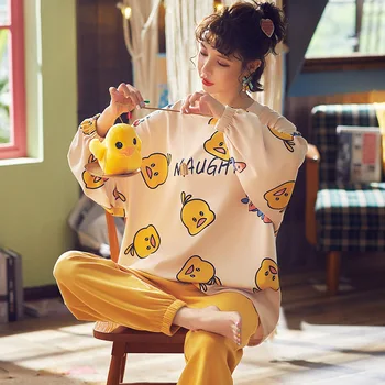 Pidžama Dama pamuk Dama pidžame dugih rukava, duge hlače 2-dijelni okrugli izrez mala žuta patka crtani Ženska kućna odjeća 2862