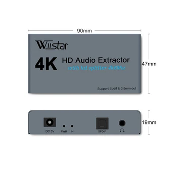 Wiistar HDMI Audio Extractor Splitter HDMI to HDMI 2 Spliiter 4K60Hz HDMI to HDMI Neuromijelitis SPDIF + 3.5 mm HDMI Audio Sppliter 1145